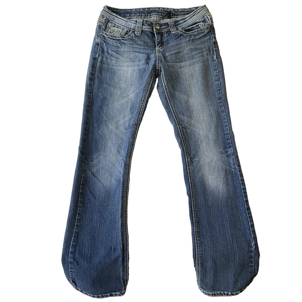 Rock & Roll Cowgirl Women Jeans 7 Blue Denim Lace Embroidery Western 31” inseam